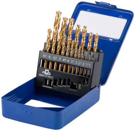 Set of HSS metal drills, ground, titanium coating, sharpening angle 135°, met.box, 19 pcs. (1-10 mm through 0.5 mm)