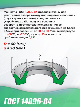 Манжета для гидро-устройств ГОСТ 14896-84. 40-20 мм. тип 3