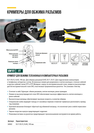 Кримпер для обжима разъемов RJ11, RJ12, RJ45, пластиковые прорезиненные ручки, 190 мм