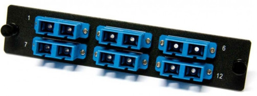 FO-FPM-W120H32-12LC-BL Panel for FO-19BX with 12 LC adapters, 12 fibers, single-mode OS1/OS2, 120x32 mm, adapters in blue