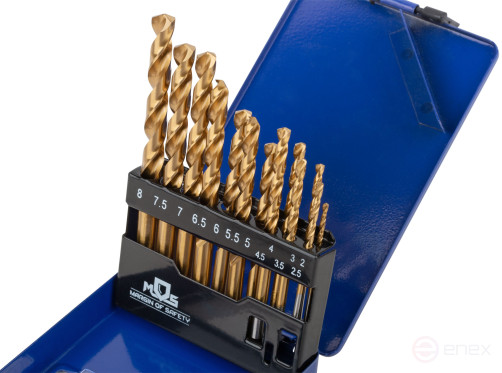 Set of HSS metal drills, ground, titanium coating, sharpening angle 135°, met.box, 13 pcs. (2-2,5-3-3,5-4-4,5-5-5,5-6-6,5-7-7,5-8 mm)