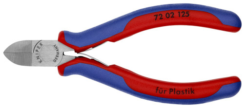 Plastic side cutters, spring, elongated cutting edges without chamfers, L-125 mm, 2-k handles