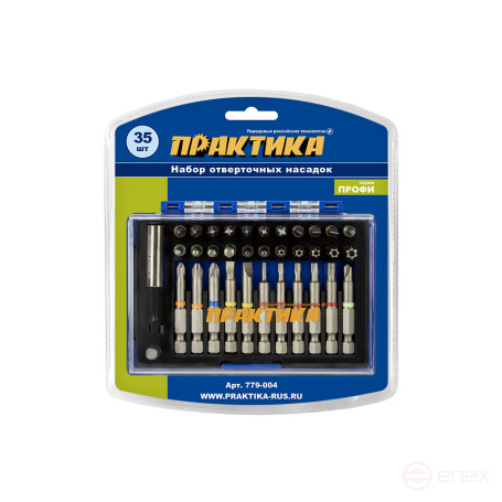 Набор бит ПРАКТИКА "Профи" 35шт, 25 и 50мм, PH, PZ, SL, Hex, Torx, Tri-Wing, держатель 60 (779-004)