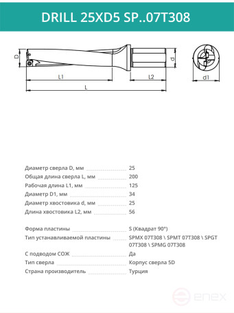 DRILL 25XD5 SP..07T308 body drill - 25 mm / plate SPMX 07T308; SPMT 07T308