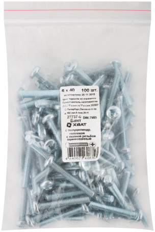 A semi-cylindrical screw. a head with a full thread of pins. DIN 7985 6x40 (packing 100 pcs)