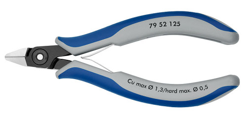 Precision side cutters, sharp head, very small chamfer, with clip, cut: hole. soft. Ø 0.2 - 1.3 mm, cf. Ø 0.9 mm, tv. Ø 0.5 mm, L-125 mm, black.