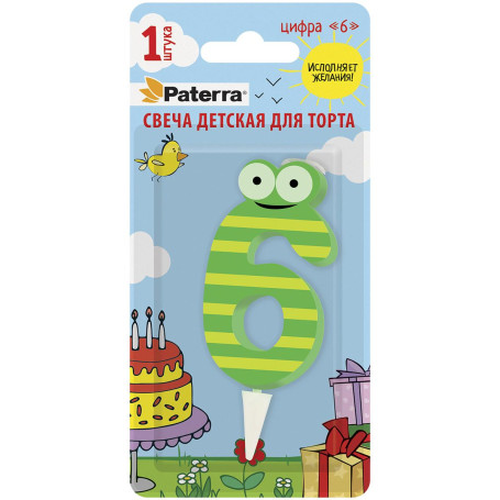Свеча детская для торта, цифра 6, 1 шт. в упаковке, PATERRA