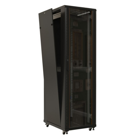 TTB-2261-AS-RAL9004 Шкаф напольный 19-дюймовый, 22U, 1166x600х1000 мм (ВхШхГ), передняя стеклянная дверь со стальными перфорированными боковинами, задняя дверь сплошная, ручка с замком, крыша нового типа, цвет черный (RAL 9004) (разобранный)