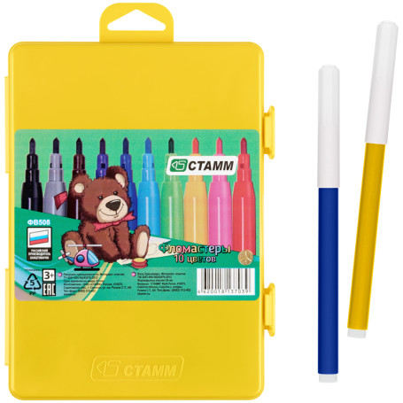 Markers STAMM "Funny toys", 10 colors, washable, yellow plastic. pencil case, European suspension