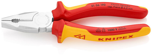 Comb pliers. VDE for heavy. loads, res: failure. solid. Ø 2.5 mm, royal. string Ø 2 mm, cable Ø 13 mm (25 mm2), L-190 mm, chrome, 2-k handles