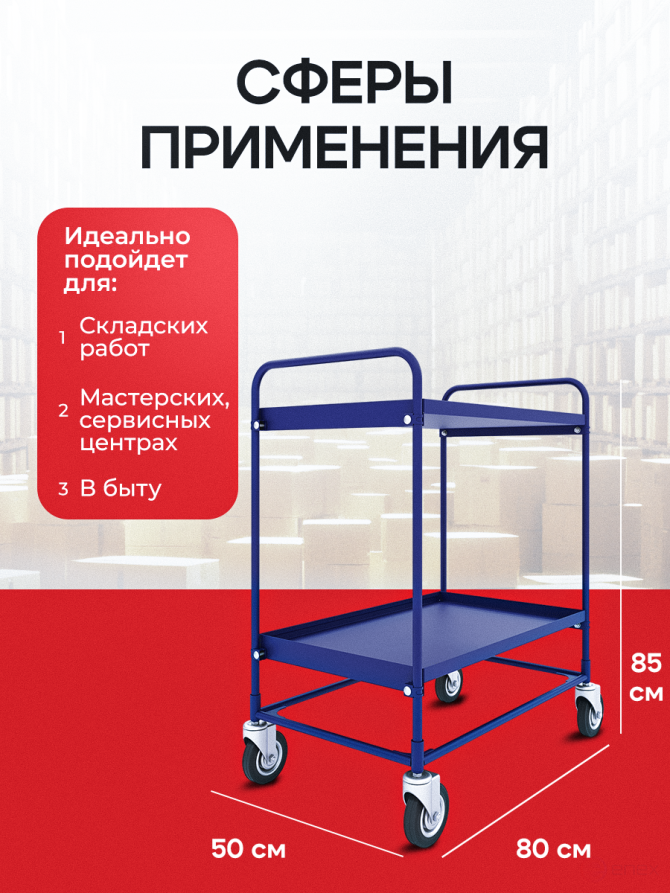 Тележка сервисная двух ярусная СТ 1 (500х800) колеса болтовые d125мм.