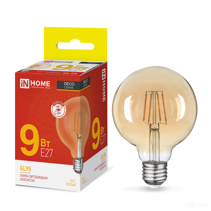 LED lamp LED-GL-95-deco gold 9W 230V E27 3000K 1040Lm gold IN HOME