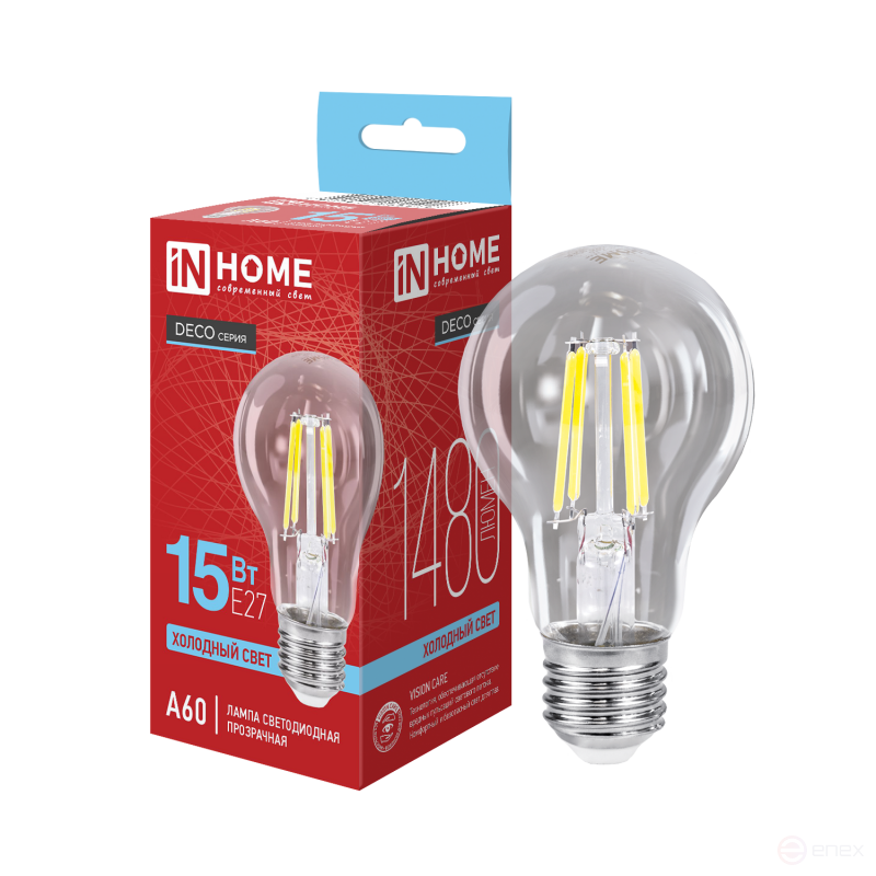 Лампа светодиодная LED-A60-deco 15Вт 230В Е27 6500К 1480Лм прозрачная IN HOME