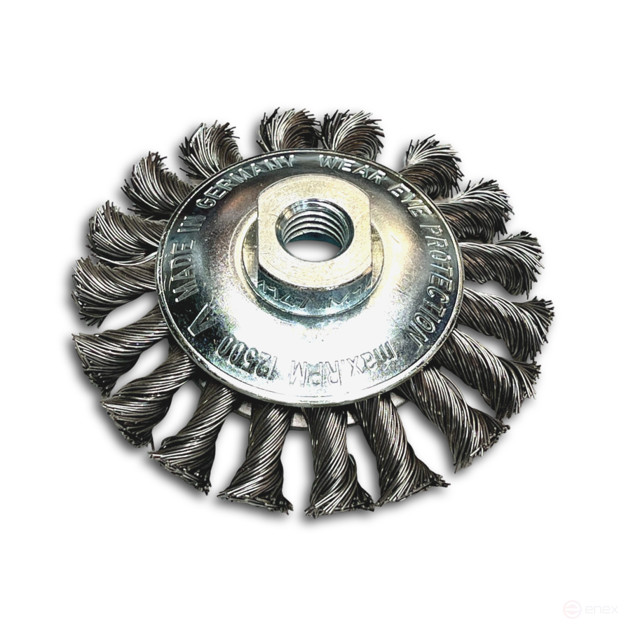 Щетка коническая жгутовая, Д115 мм, ширина 12 мм, 20 жгутов, стальная прямая проволока STH 0,50 мм, посадка М14