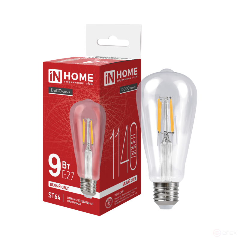 LED Lamp LED-ST64-deco 9W 230V E27 4000K 1140Lm transparent IN HOME
