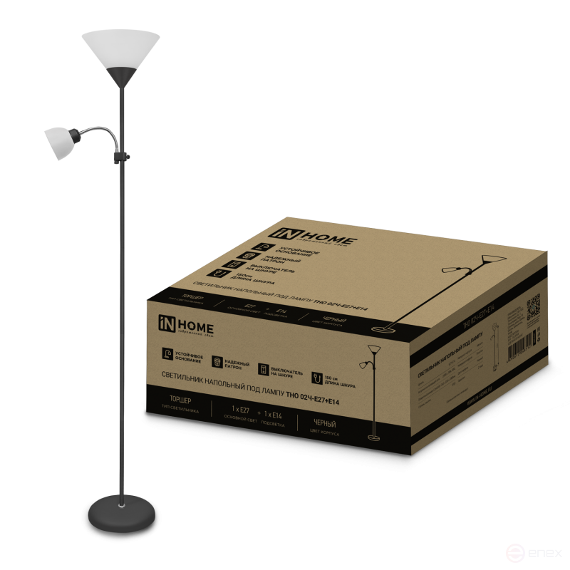 Светильник напольный под лампу ТНО 02-Е27+Е14Ч 230В белый плафон, черный корпус IN HOME