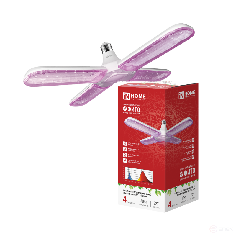 Лампа светодиодная LED-HP 40PRO-ФИТО полный спектр 40Вт 230В Е27 четыре лепестка IN HOME