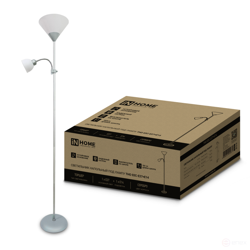 Светильник напольный под лампу ТНО 02-Е27+Е14С 230В белый плафон, серебряный корпус IN HOME