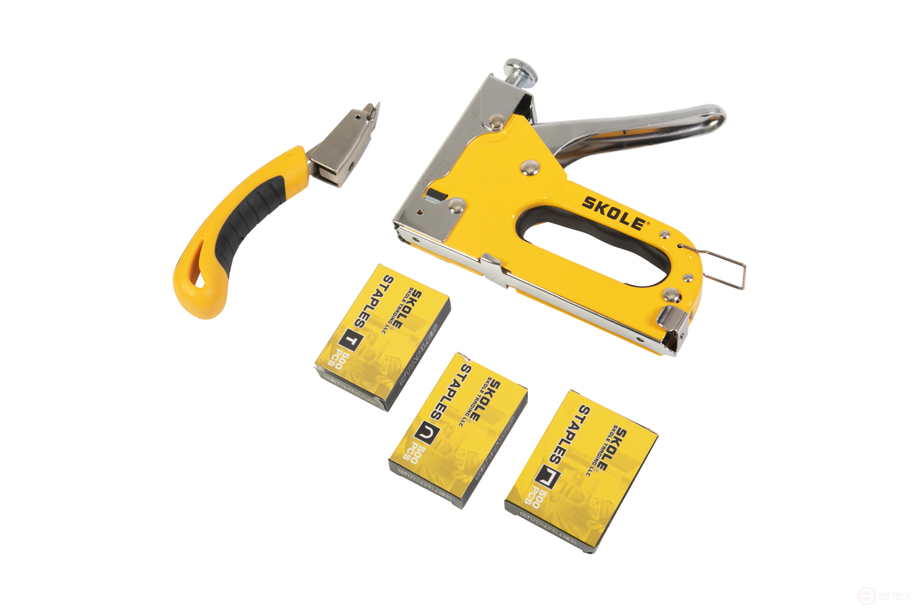 Степлер мебельный Skole 3в1 (с отделителем) 4-14 мм тип 140 (степлер, скобоудалитель, скобы тип 140 4-14мм, тип 28 10-12мм, тип 300 10-14мм в уп) STP3-140