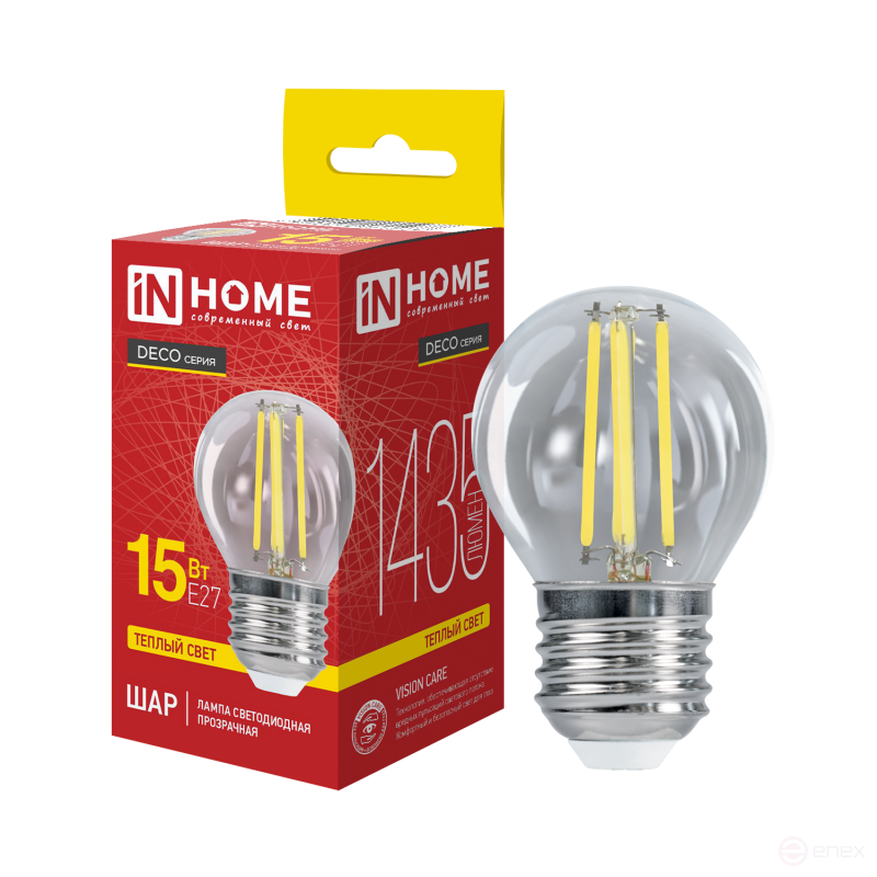 Лампа светодиодная LED-ШАР-deco 15Вт 230В Е27 3000К 1435Лм прозрачная IN HOME