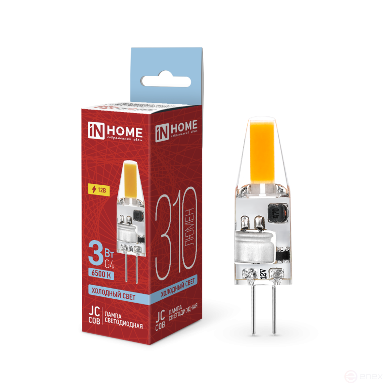 Лампа светодиодная LED-JC-COB 3Вт 12В G4 6500К 310Лм IN HOME