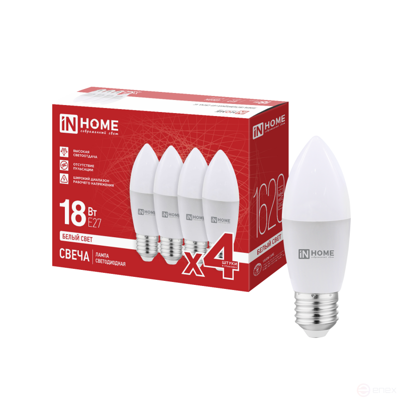 Лампа светодиодная LED-СВЕЧА-VC 4PACK 18Вт 230В Е27 4000К 1620Лм (4шт./упак) IN HOME