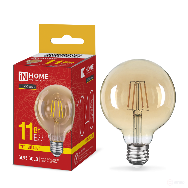 Лампа светодиодная LED-GL95-deco gold 11Вт 230В E27 3000K 1040Лм 95мм золотистая IN HOME