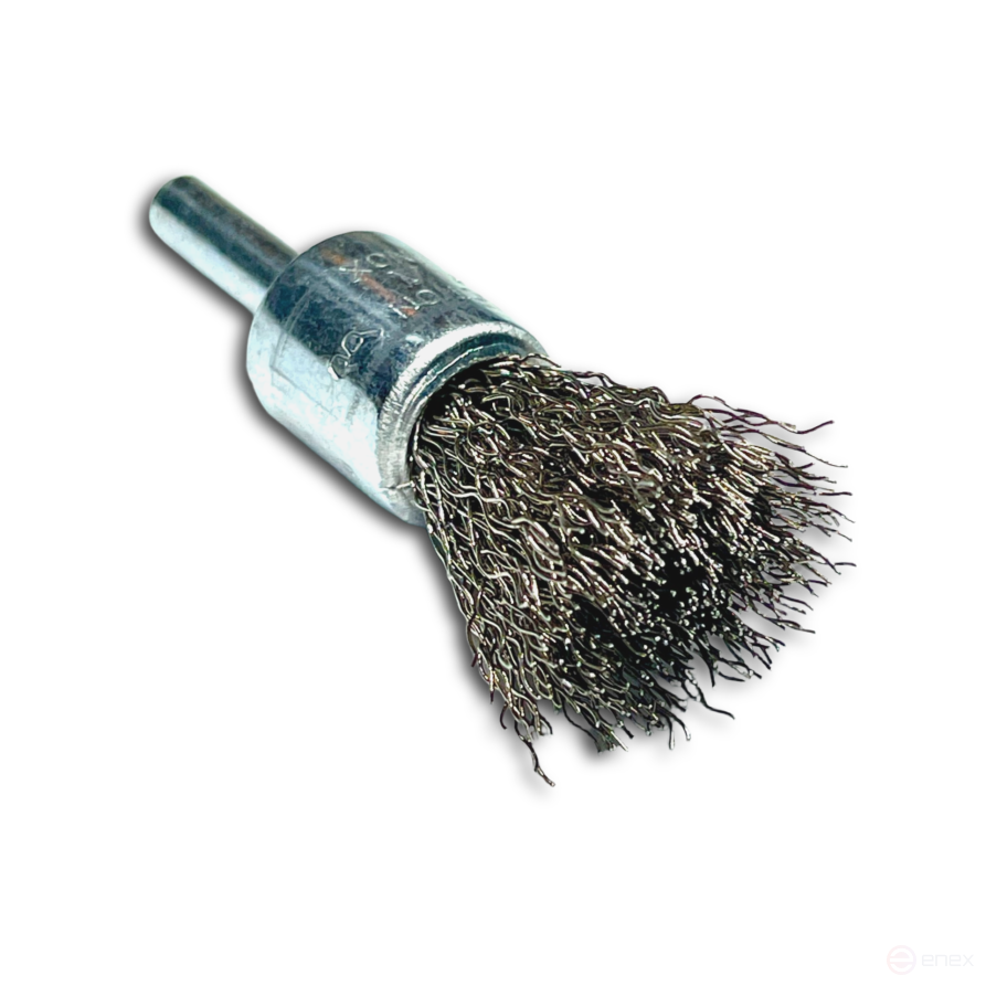 The brush is a corrugated brush, D23 mm, shank 6 mm, length 68 mm, stainless corrugated wire ROF 0.20 mm, length of the working part 25 mm