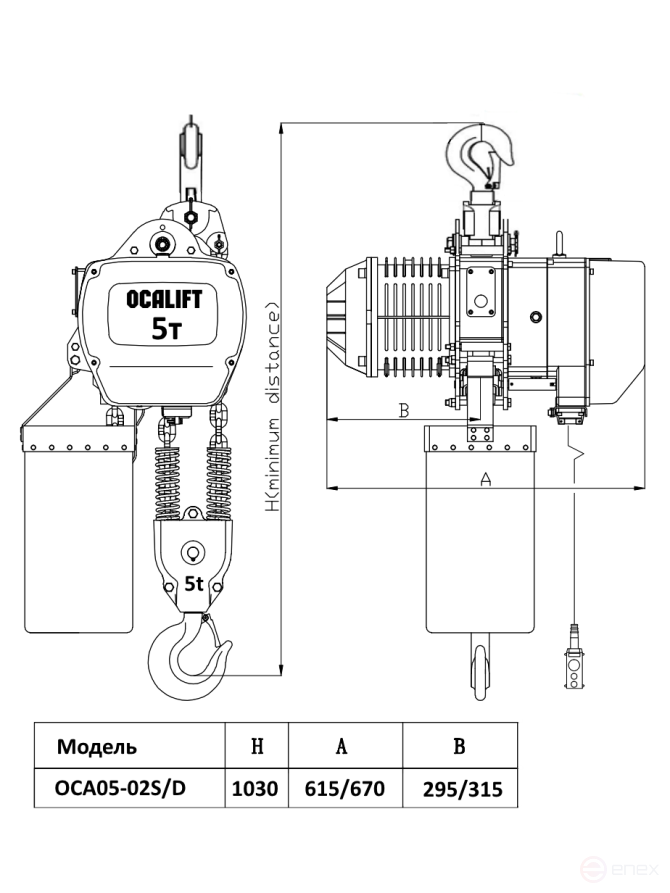 Electric chain hoist OCALIFT 05-02D 5 t 12 m 380V two speeds stationary on a hook