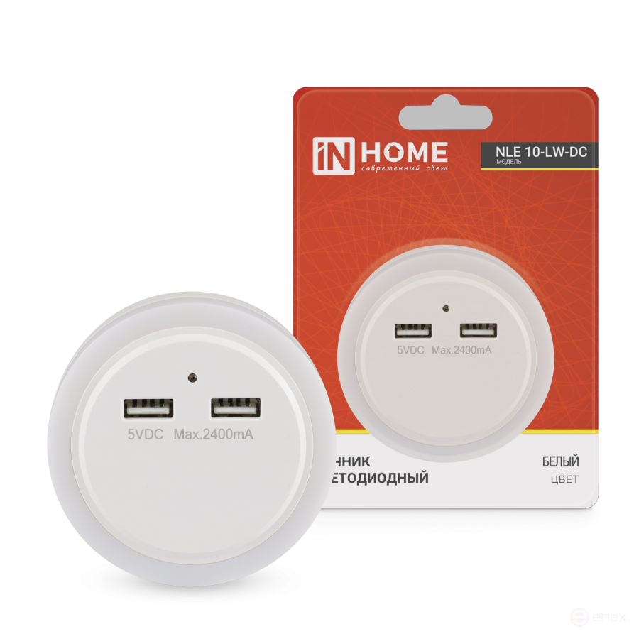 Ночник светодиодный NLE 10-LW-DC белый 2хUSB разъема с датчиком освещения 230В IN HOME