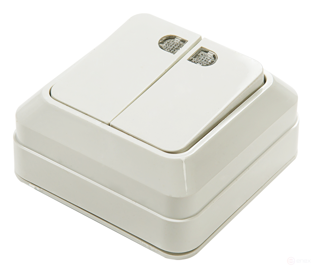 Выключатель двухклавишный с подсветкой BOLLETO белый накладной 7123 IN HOME