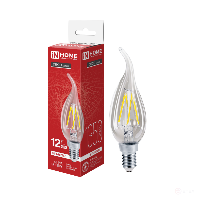 Лампа светодиодная LED-СВЕЧА НА ВЕТРУ-deco 12Вт 230В Е14 4000К 1350Лм прозрачная IN HOME