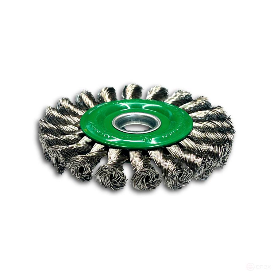 Щетка дисковая жгутовая, Д115 мм, ширина 14 мм, 20 жгутов, нержавеющая прямая проволкоа ROH 0,50 мм, посадочное отверстие 22,2 мм, в блистерной упаковке