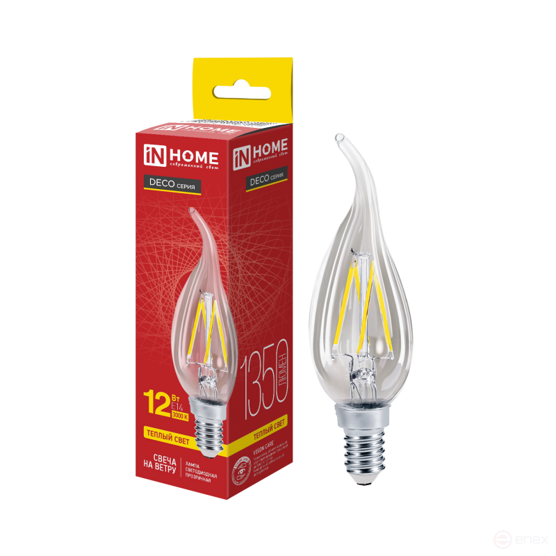 Лампа светодиодная LED-СВЕЧА НА ВЕТРУ-deco 12Вт 230В Е14 3000К 1350Лм прозрачная IN HOME