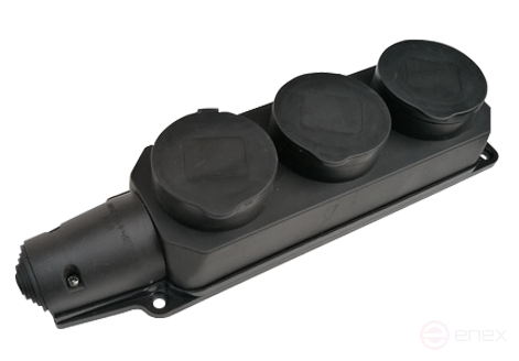 Розетка тройная с заземлением каучук с заглушками 16А IP44 черная 9323 IN HOME