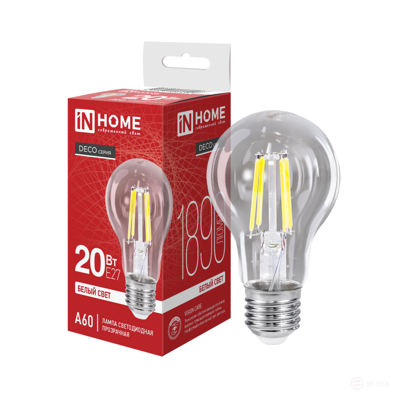 Лампа светодиодная LED-A60-deco 20Вт 230В Е27 4000К 1890Лм прозрачная IN HOME