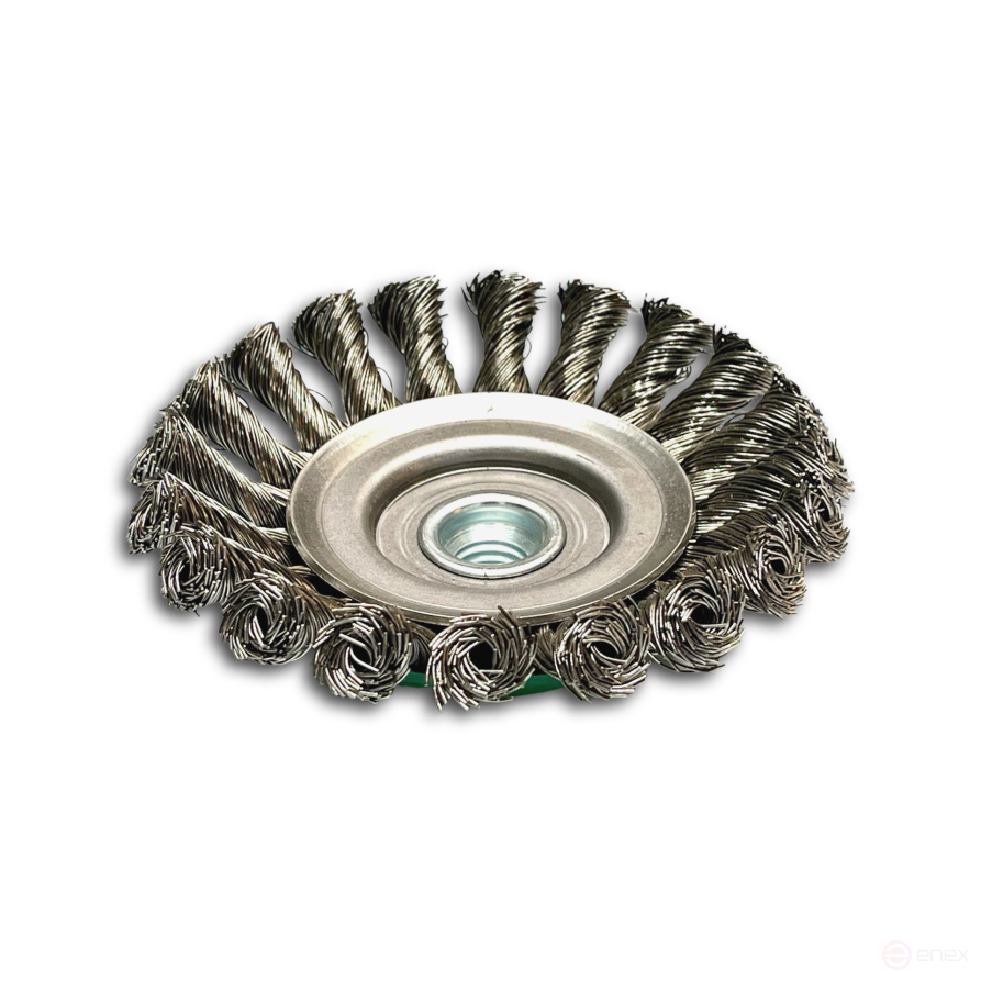 Щетка коническая жгутовая, Д115 мм, ширина 12 мм, 20 жгутов, нержавеющая прямая проволока ROH 0,50 мм, посадка М14