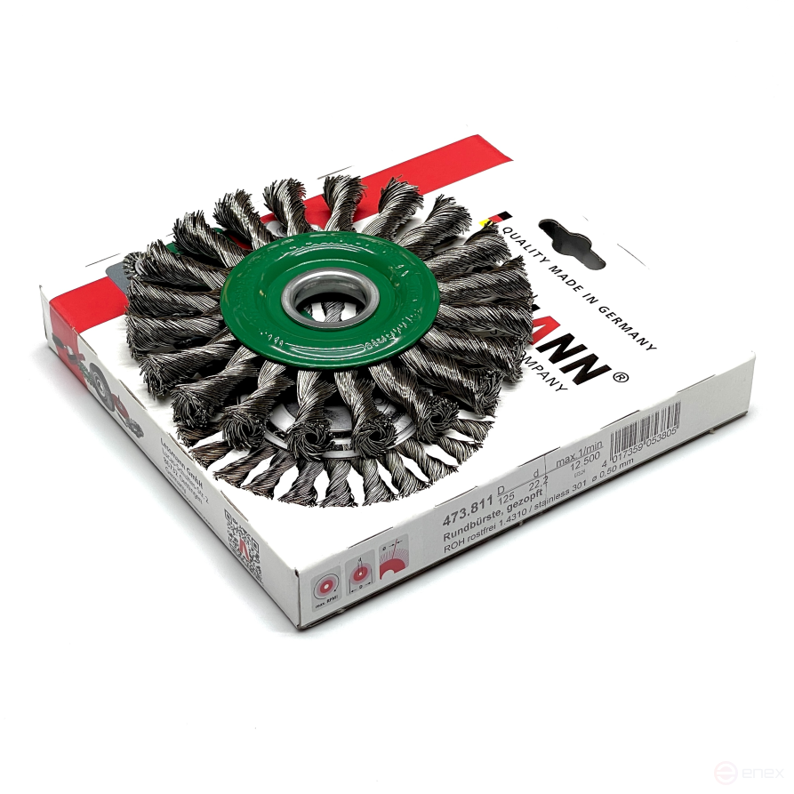 Щетка дисковая жгутовая, Д125 мм, ширина 14 мм, 20 жгутов, нержавеющая прямая проволока ROH 0,50 мм, посадка М14