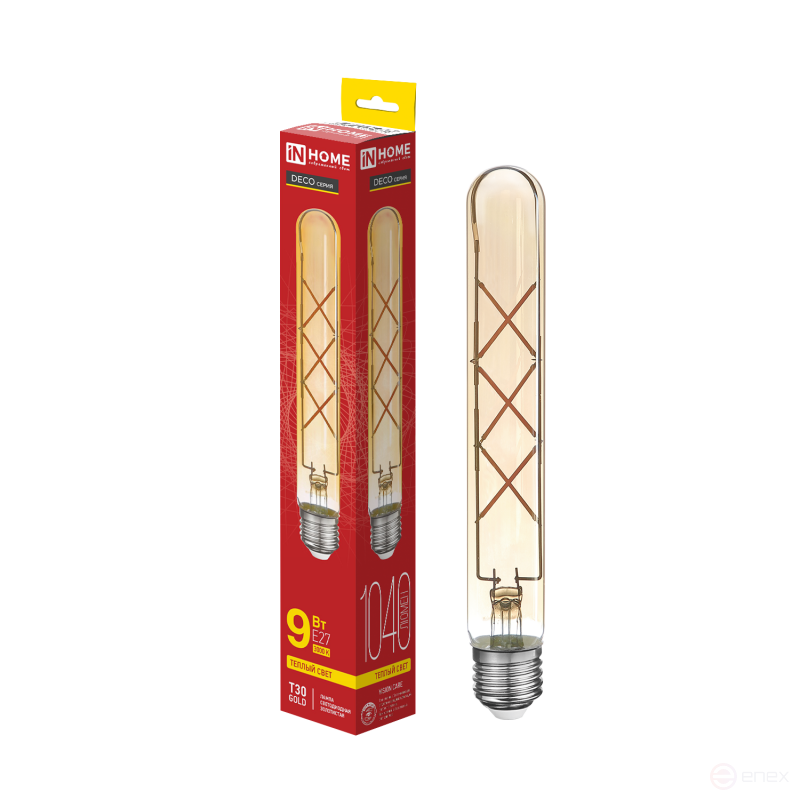 Лампа светодиодная LED-T30-deco gold 9Вт 230В Е27 3000К 1040Лм 225мм золотистая IN HOME