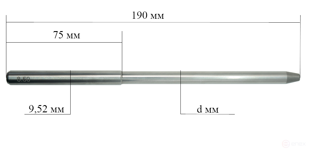 The pilot guide is cylindrical, Ø 9.53. 190 mm
