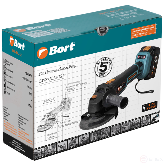 Angle grinder rechargeable BORT BWS-18Li-125