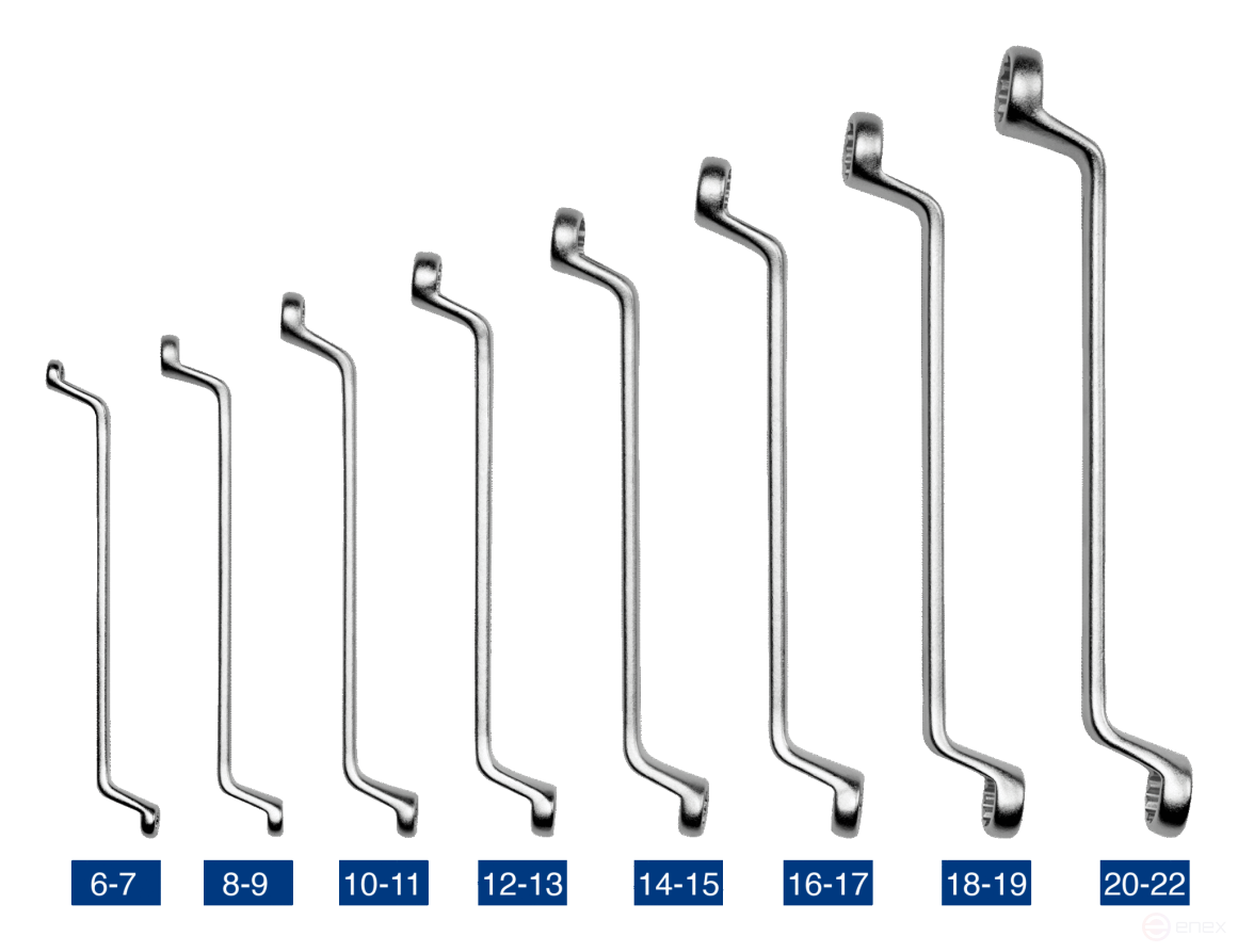 Набор двусторонних накидных гаечных ключей с изгибом, 8 шт. (6 - 22 мм), чехол