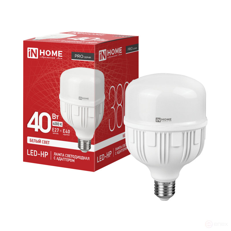 Лампа светодиодная LED-HP-PRO 40Вт 230В Е27 с адаптером E40 4000К 3800Лм IN HOME