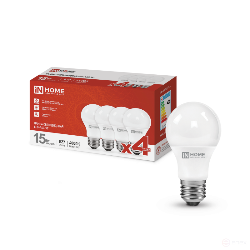 Лампа светодиодная LED-A60-VC 4PACK 15Вт 230В Е27 4000К 1430Лм (4шт./упак) IN HOME