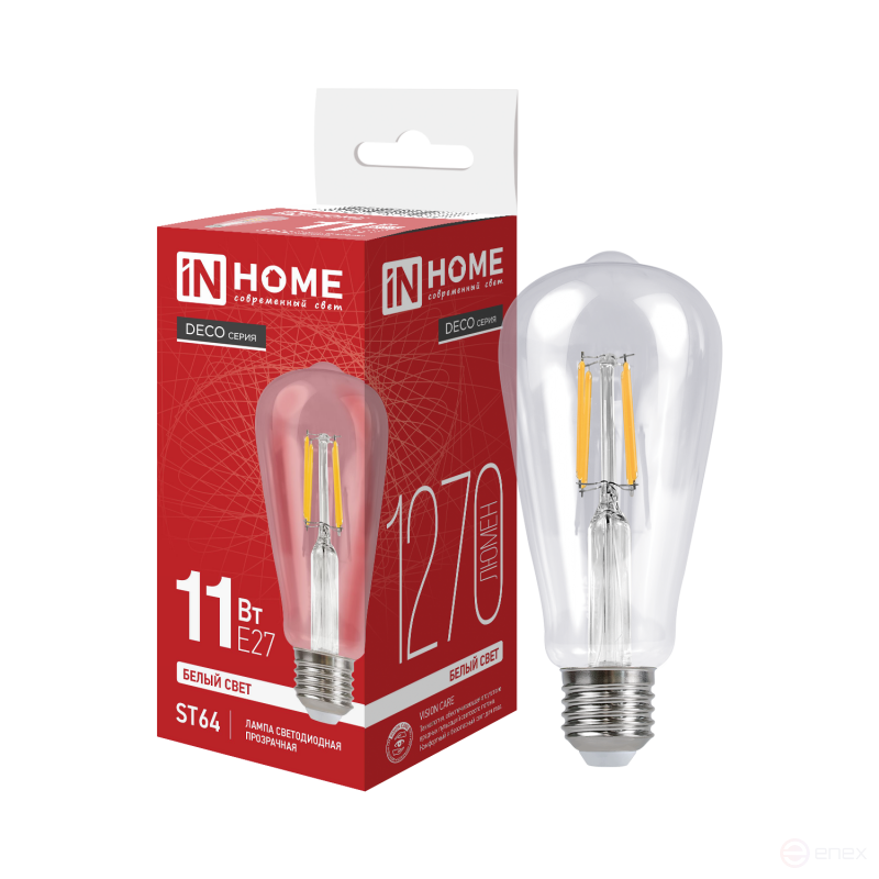 Лампа светодиодная LED-ST64-deco 11Вт 230В Е27 4000К 1270Лм прозрачная IN HOME