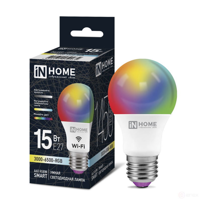 Лампа светодиодная LED-A60-RGBW-SMART 15Вт 230В Wi-Fi Е27 RGB-3000-6500К 1450Лм IN HOME