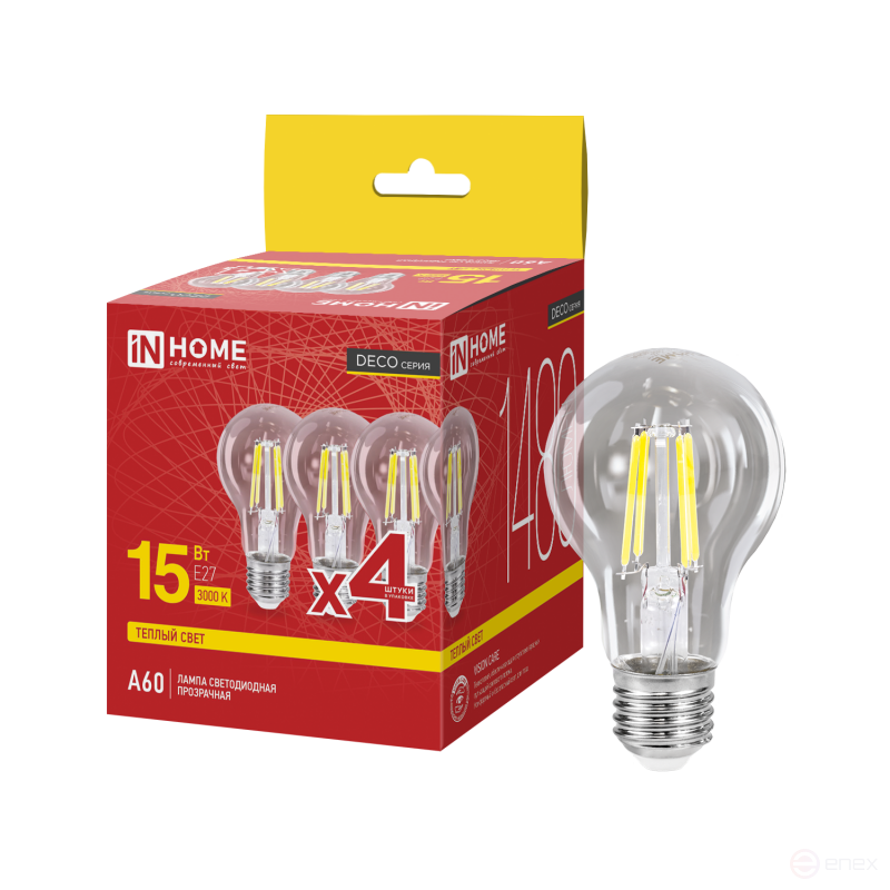 LED Lamp LED-A60-deco 4PACK 15W 230V E27 3000K 1480Lm (4pcs/pack) Transparent IN HOME