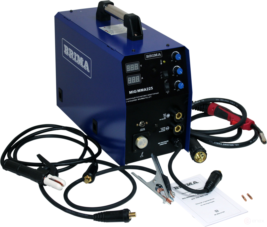 Полуавтомат MIG/MМА-225 (220В) "BRIMA" - установка универсальная c функциями Полуавтоматической сварки (MIG), ручной дуговой сварки (MMA) и аргонодуговой (TIG) сварки