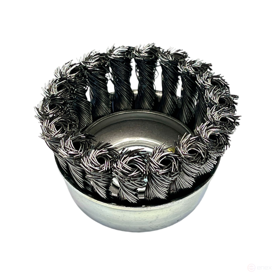 Cup harness brush, D65 mm, 18 harnesses, straight steel wire STH 0.35 mm, M14 fit