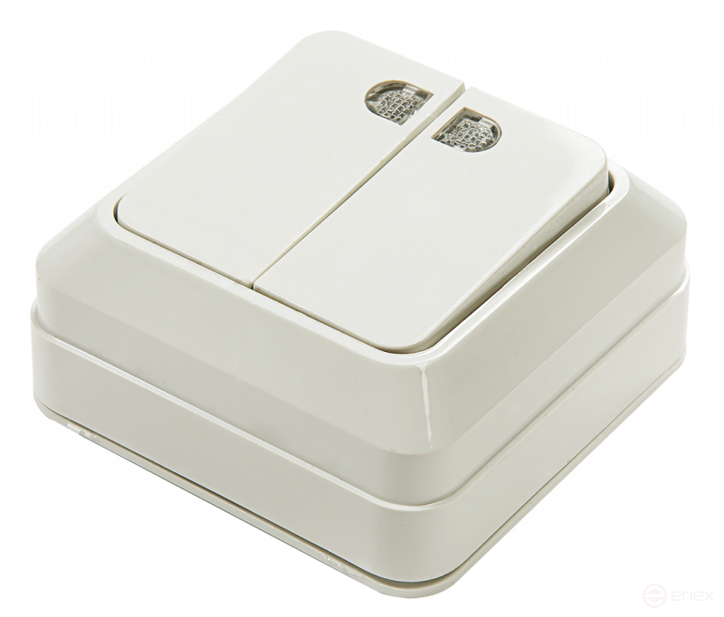 Выключатель двухклавишный с подсветкой BOLLETO белый накладной 7123 IN HOME